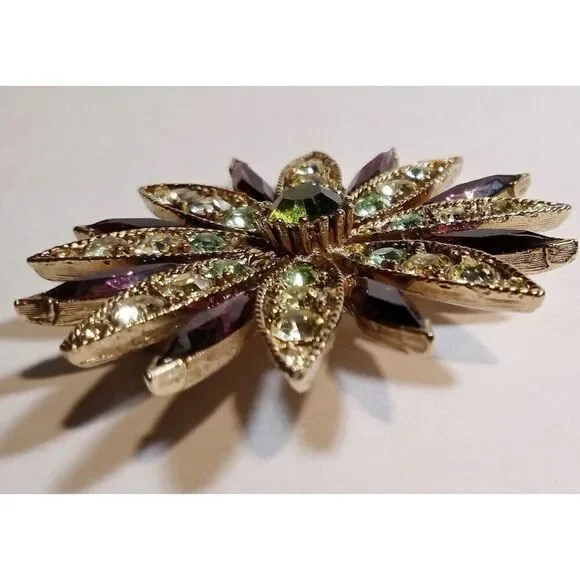 RJ Graziano Swarovski Flower Brooch  Amethyst & Peridot. Vintage Estate - Picture 8 of 10